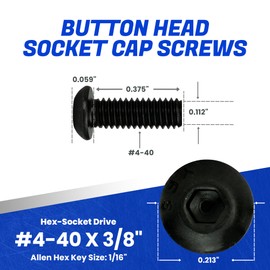 Fastenere Button Head Socket Cap Screws - 4-40 x 3/8" (100-Pcs) Alloy Steel, Fully Threaded, Fine Black Oxide Finish, Corrosion-Resistant, Machine Thread, Easy to Install w/Allen Hex Drive
