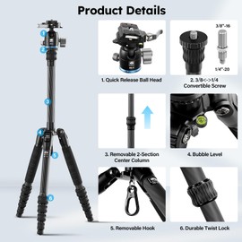 SIRUI Lightweight Carbon Fiber Travel Tripod, 55.1" Camera Tripod with 360° Panorama Ball Head, Upgrade Quick Release System, Removable Center Column, Max Load 13.2 lbs, AM-025K+KS-5
