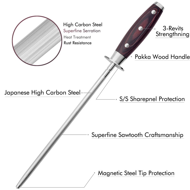 LEVINCHY 10 inch Honing Steel with Pakkawood Handle, Knife Sharpener