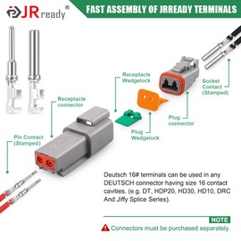 JRready Deutsch DTP Connector Terminal Kit Size 12, Male Pins 1060-12-0166 / Female Sockets 1062-12-0166 Open Barrel Style Contacts for Wire Gauge 12-14 AWG, ST6254-100 Stamped & Formed Contacts