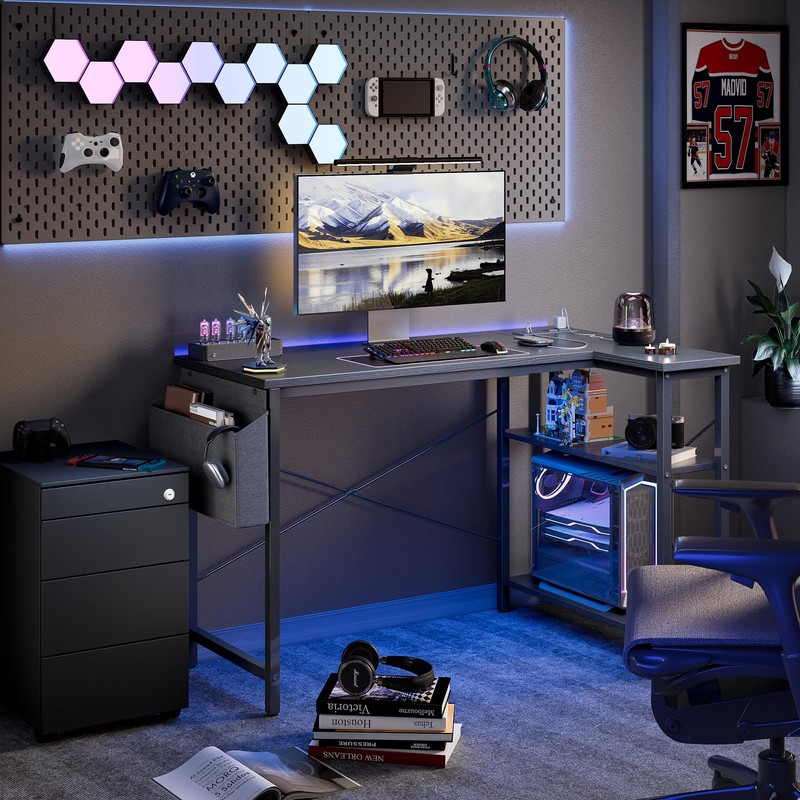 TIQLAB L Shaped Computer Desk with Power Outlets, 47 Inch