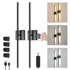 Removable 10000mAh Battery Operated 2 Pack Wall Sconces Lamps Remote Control & 4 Pack Batteries 31.5’‘ Rechargeable Dimmable Black LED Wireless 13.6W Wall Lights for Living Room Bedroom Picture Foyer
