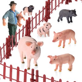 17 Pcs Realistic Farm Pig Animals Model Figure Toy Set Barn Farm Pig Figurines Collection Playset Mini Farm Figurines Plastic Pig Toy with Farm Keepers and Fence for Preschool Educational Props