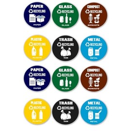 GamesMonkey® - Stickers Recycle for Trash Waste Bins Garbage Plastic Cans Compost Glass Metal Paper - Vinyl Waterproof Washable Illustrated (3.3"x3.3" - 12 Piece, V2)