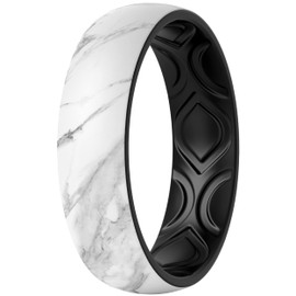 ThunderFit Silicone Wedding Bands for Women, Breathable 2 Layers 5.5mm Wide 1.5mm Thick - 1/4/8/10 Variety Multipack (Marble-Black - Size 5.5-6 (16.5mm))