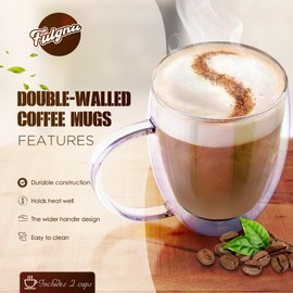 FULGNU Double Wall Glass Coffee Mugs Set of 2, 12 Oz Coffee Mugs with Handle Clear Iridescent Glass Cups, Perfect for Espresso, Cappuccino, Latte, Americano, Tea Bag, Beverage