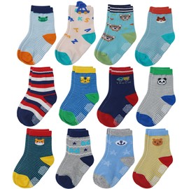 YANWANG 12 Pairs Non-Skid Cotton Socks with Grip for Baby Toddler Boys Girls(2#Animal, 3-12 Months)