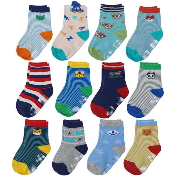YANWANG 12 Pairs Non-Skid Cotton Socks with Grip for Baby