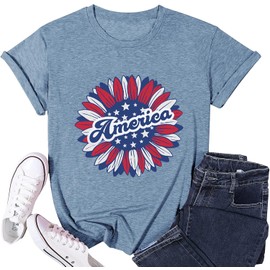Women Summer Sunflower T Shirt 4th of July American Flag Patriotic Shirt USA Stars Stripes Print Tops, Ink Blue XL