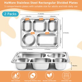 HaWare - Paquete de 2 platos divididos de acero inoxidable para niños pequeños y adultos, platos rectangulares con control de porciones con 5 compartimentos, bandeja de metal para almuerzo, camping