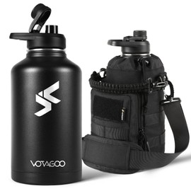 64Oz Tactical Water Bottle - Half Gallon Stainless Steel Insulated Water Bottle, Metal Military Bottle with Rugged, Removable Sleeve Tactical Carrier Bag for Hiking Camping Hunting (BLACK)