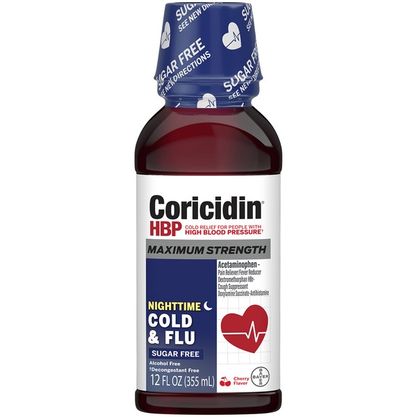 Coricidin HBP Maximum Strength Cold & Flu Night Sugar Free Liquid, 12 Fl Oz