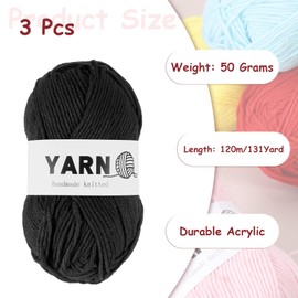 Rebower 3Pcs Black Acrylic Yarn 400 Yard 4 Ply Soft Crochet Yarns Sport Weight Yarn,[for DIY Crocheting Knitting Craft Blankets Hats]-150g