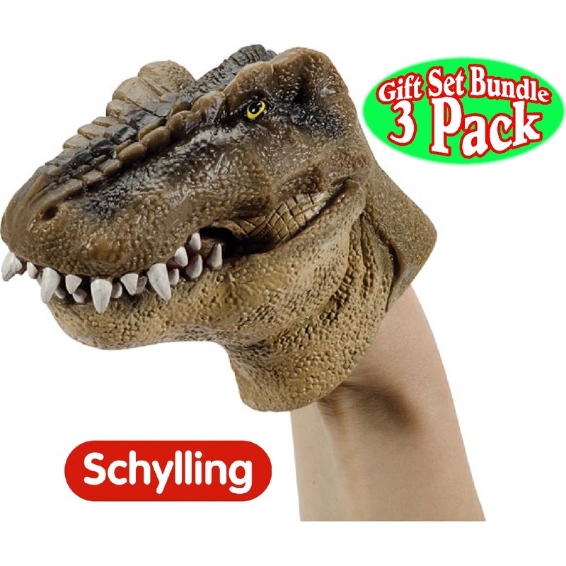 Schylling Dinosaur (T-Rex) Stretchy Hand Puppets Green, Brown & Red