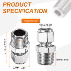 QUARKZMAN Stainless Steel Compression Pipe Fitting 10 mm OD x 1/2 Inch NPT Thread Male Straight Coupling Adapter Pipe Fitting Compression Fitting for Oil Gas Water