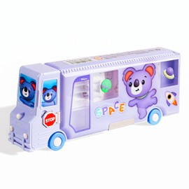 School Bus Multifunction Pencil Case, Cartoon Pen Box with Sharpener, Large Capacity Stationery Organizer, Best Birthday Gifts for Kids Teens School Supplies (Purple)