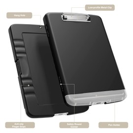 Piasoenc Piasoenc Clipboard with Storage, 8.5 x 11 Organization Box with Pen Holder and A4 Legal Paper Folder, Heavy Duty Plastic, Folio & Side-Opening, Low Profile Clip for Nurses, Teachers, Lawers, Black