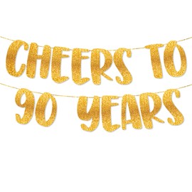 TOYVENTURES Cheers to 90 Years Gold Glitter Banner - Happy 90th Birthday Party Decorations 8 Feet, 90th Wedding Anniversary Party Supplies - Milestone Celebration Decor - Pre-strung, No DIY Required