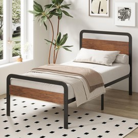 Richwanone Twin Bed Frames with Wood Headboard and Footboard,14 Inch Metal Platform Frame with Steel Slat Support, No Box Spring Needed, Easy Assembly, Black
