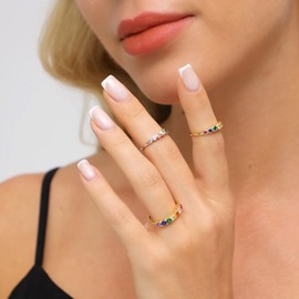 E 14K Gold Women Rings Rainbow Eternity Thumb Rings Band Wedding Rings Round AAA Cubic Zirconia CZ Rings Dainty Colorful Rings for Women (Silver, 6)