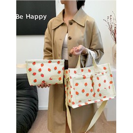 Solid Color/fruit/leopard Summer Fall Tote Bag Set, Tote Bag for Women, Everything Tote Bag for Women & Small Wristlet Bag, Trendy Commuting Work Bag Set, Everyday Bags Back To School, Girlfriend Gifts:_Red And Black_Please Refer To The Pictures for Dimensions