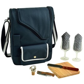 Picnic at Ascot - Wine Carrier Deluxe with Glass Wine Glasses and Accessories for Two, Navy/White