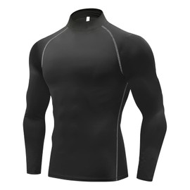THREEGUN Men's Compression Top, Fleece Lined, High Neck, Undershirt, Long Sleeve, Sports Inner, Cold Protection, Compression Wear, Gym, Breathable, Cold Protection, Thermal Insulation, Black