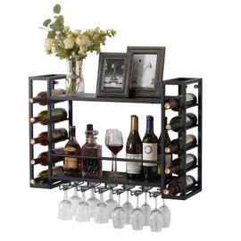 GOLASON Wall Mounted Wine Rack with Glass Holder, Metal Bottle Holder Wine Storage Display Rack for Home Bar Dining Room Kitchen (31.5 Inch, Black)