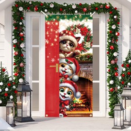 Cute Cats Xmas Door Cover - Large Photography Background & Party Backdrop for New Year Celebrations