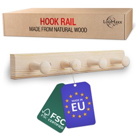 LouMaxx Wooden Hook Rack Made of Pine with 4 Wooden Hooks - Wall Coat Rack Wood - Children's Coat Rack - Wooden Coat Hook for Wall Mounting Made of Untreated Pine Wood