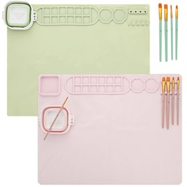 FVIEXE 2PCS 20x16 Inch Silicone Painting Mat with Water Cup, Each with 10 Paint Brush, Silicone Art Mat Craft Mat for Painting (Green, Pink)
