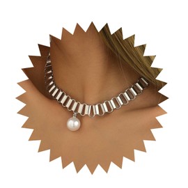 Wendalern Pearl Choker Necklace Silver Geometric Chain Necklace Choker Simple Pearl Chain Necklace Punk Chunky Statement Necklace Thick Collarbone Necklace Jewelry for Women Girls