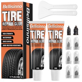 Bellisinno Tire Repair Glue, Sidewall Rubber Cement Kit, Two Sizes Nail, Suitable for Bike, Car, Motorcycle, Off-Road, Truck, Tractor, Black, 10ml*2