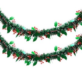 Lezevn Christmas Tinsel Garland Green Holly Tinsel Strands Berries Shiny Tinsel Holly Tree Decoration Xmas Classic Tinsel Ornament (2)