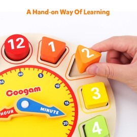 Coogam Wooden Shape Color Sorting Clock – Teaching Time Number Puzzle Stacking Sorter Jigsaw Montessori Early Learning Educational Toy Gift for Year Old Kids