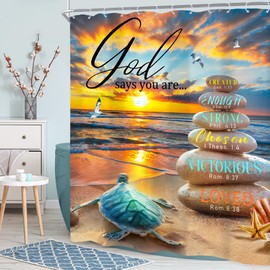 Newsely Beach Sea Turtle Shower Curtain 60Wx72H Inch Bible Verse Hawaii Ocean Sunset Scenery Coastal Stone Shower Curtain Bathroom Set Christian Quote Waterproof Bath Decoration Accessories Home Decor