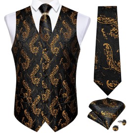 DiBanGu Black Gold Vest and Tie Set for Men Suit Vest Paisley Formal Business Dress Waistcoat Wedding