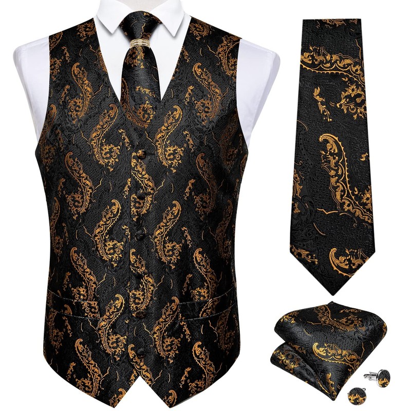 DiBanGu Black Gold Vest and Tie Set for Men Suit