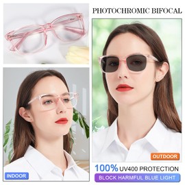 MARE AZZURO Photochromic Bifocal Reading Glasses 2.5 Women Blue Light Blocking Square Readers Sunglasses 100 150 200 250 300 350 400 (Pink, 2.50)