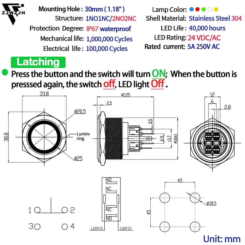 30mm Latching Push Button Switch Big Button White DPDT/SPDT Waterproof