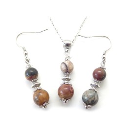 Stainless steel necklace and earrings set with Picasso jasper bead pendant and Tibetan beads