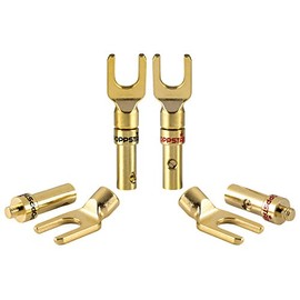Poppstar 4x High-Quality Cable Lugs, Fork Plug for electrical connection with speaker cables, up to 4mm² cable diameter, 24k gold-plated