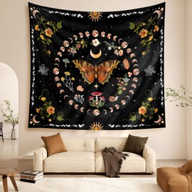 Zodight Orange Butterfly Tapestry, Moon Phase Tapestry, Plants Flowers Tapestry, Wall Hanging for Living Room, Table, Room, Bedroom