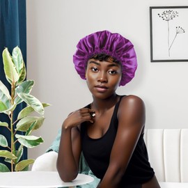 Silk Bonnet for Sleeping Women Curly Hair Non-Slip, Large Double Layer Satin Bonnet Adjustable Hair Bonnet Sleep Cap Purple