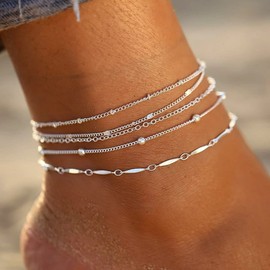 Boho Carifin Beads Anklet Multilayer Silver Chain Anklet Brtacelets Beach Accessories Adjustable Foot Jewellery for Women and Girls