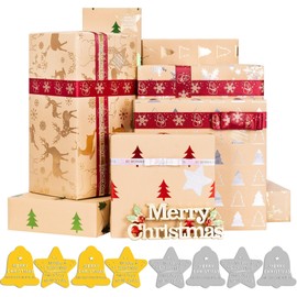 Rancco Christmas Wrapping Paper w/ 6 Metallic Stickers, 6 Pc Shiney Pattern Kraft Holiday Wrapping Paper w/Sparkly Snowflake Xmas Tree Reindeer for Christmas Gift Wrap, 19.7x25.6in