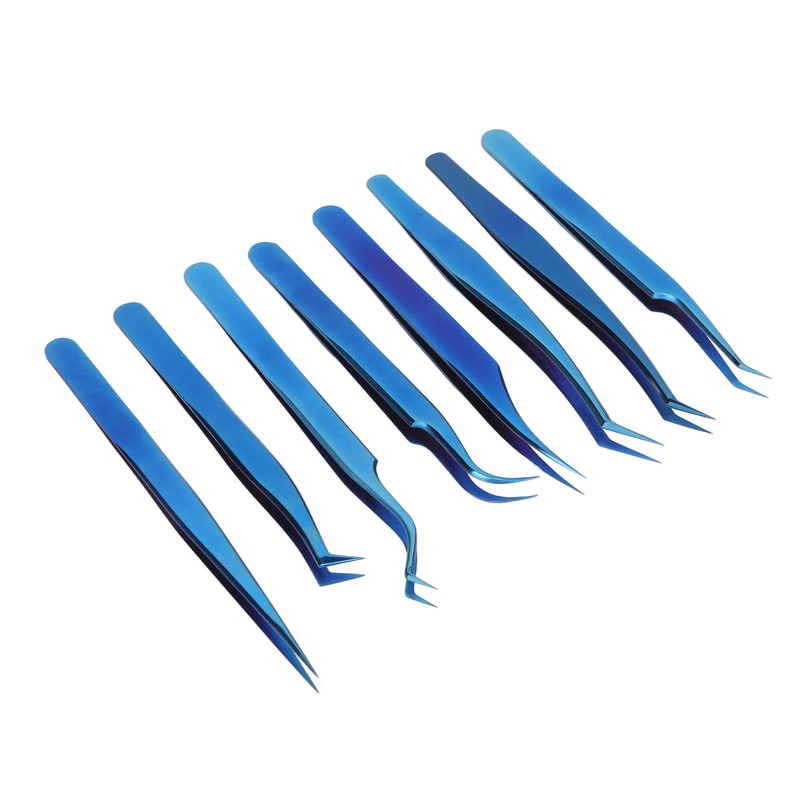 8pcs Eyelash Tweezers Stainless Steel Fine Tip Ergonomic Blue Titanium