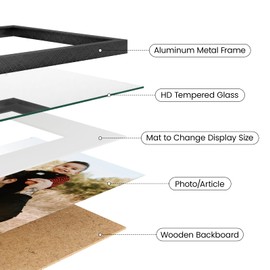 Heimlove Aluminum Metal 8x10 Picture Frames with Mat to Display 5x7 Picture,Black Picture Frames & Real Tempered Glass for Photo Picture,Poster and Document with Tabletop and Wall Decor