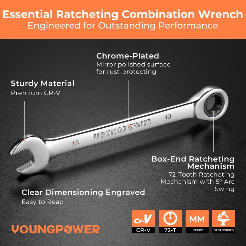 8-Piece Metric Ratcheting Combination Wrench Set, 72-Tooth, CR-V Steel