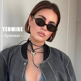 Teumire Retro Oval Sunglasses for Women Men Ultralight Small Round Black Sun Glasses 90s Sunnies UV 400 Shades(Black/Grey)